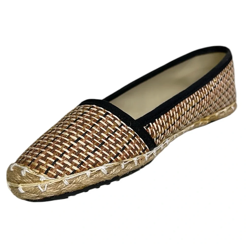 Anson Espadrille Flats Tan Black and Metallic Copper Woven Raffia Shoes Womens 7